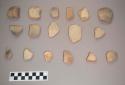 Earthenware vessel body sherds. Most with white paint decoration. Some with red paint and some with red on white.