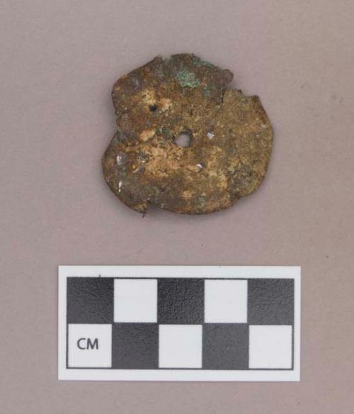 Metal, copper alloy ear spool fragment, with possible silver on one surface