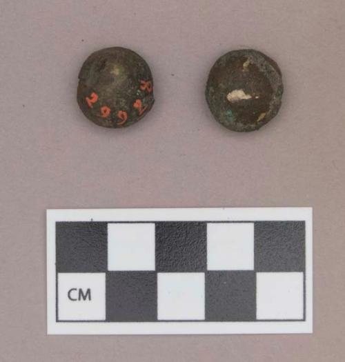 Metal, copper alloy beads, dome shaped, possible copper covering over wood