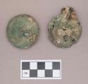 Metal, copper alloy ear spool fragments, with shells, worked animal bone beads, and iron fragments adhered to the surface