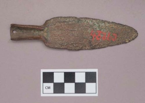 Metal, copper alloy projectile point, with rolled stem, peforated at end of stem