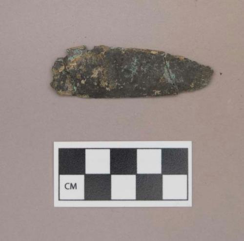 Metal, copper alloy sheet fragment, worked