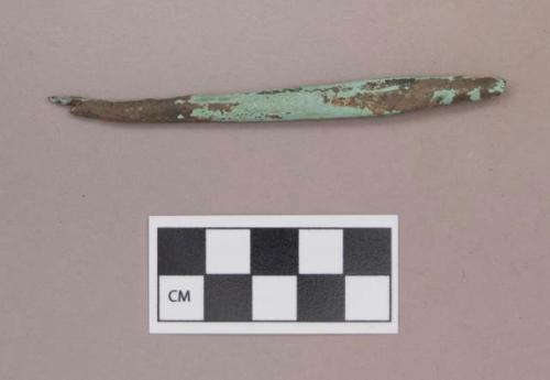 Metal, copper alloy cylindrical object, pointed at one end, possible perforator