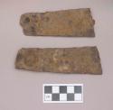 Metal, iron object fragments, flat, rectangular, with possible rivets