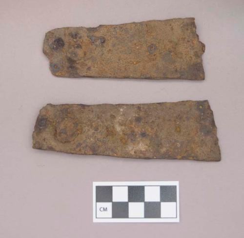 Metal, iron object fragments, flat, rectangular, with possible rivets