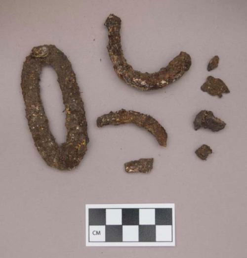 Metal, iron object fragments, one ovoid, possible chain link