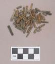 Metal, copper alloy rolled beads, tubular, two strung on wire; wood fragment; worked animal bone fragment