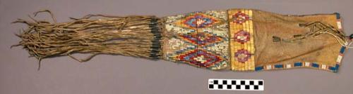 Skin pipe bag - porcupine quillwork on bottom and fringe; beadwork; tin jinglers