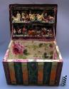 Retablo. Wood chest lined with flowered paper, nativity scene inside lid