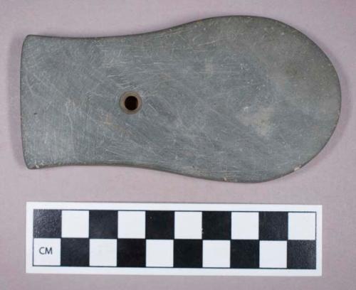 Ground stone, perforated gorget with straight and curved ends