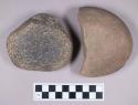 Ground stone, triangular rubbing stone and pitted ovate grinding stone fragment