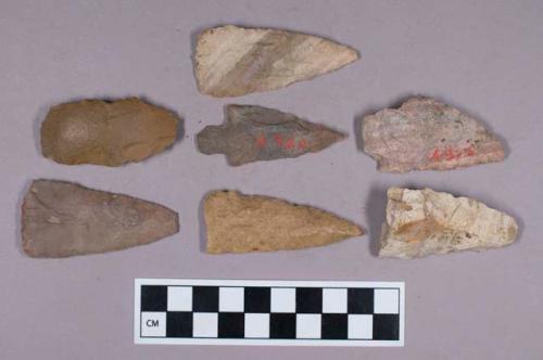 Chipped stone, triangular and lanceolate biface fragments with uniface fragments