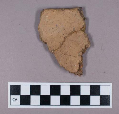 Ceramic, earthenware, undecorated rim sherd, mended