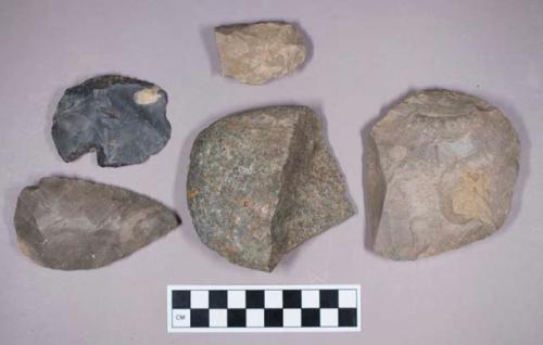 Ground and chipped stone, ovate and stemmed biface and uniface fragments with celt fragments