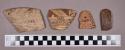Ceramic, earthenware tangas sherds, triangular, perforated, geometric patterned polychrome slipped
