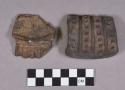 Ceramic, earthenware body, rim, and handle sherds, modeled, incised, carved, and dentate