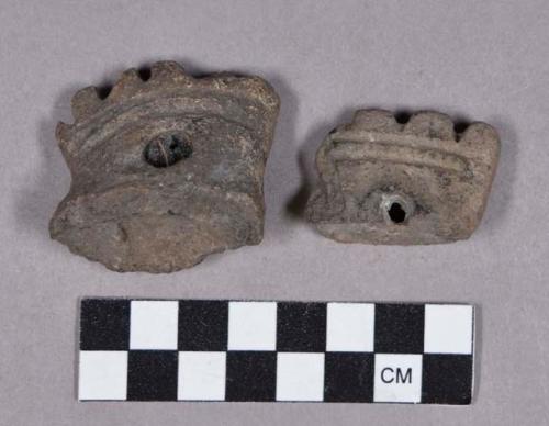 Ceramic, earthenware body sherds, modeled and perforated, possible handles