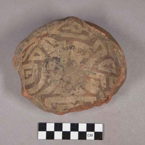 Ceramic, earthenware base sherd with flared foot, polychrome slipped