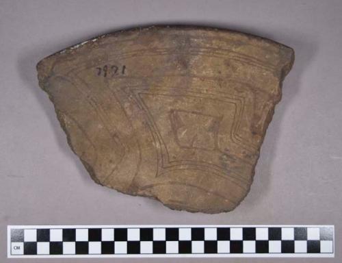 Ceramic, earthenware rim sherd, incised and carved, polychrome slipped