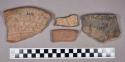 Ceramic, earthenware body, base, and rim sherds, polychrome slipped, carved, incised, and modeled
