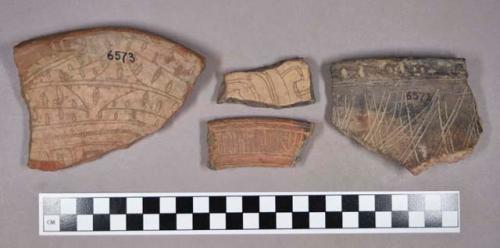 Ceramic, earthenware body, base, and rim sherds, polychrome slipped, carved, incised, and modeled