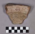 Ceramic, earthenware rim sherd, white-slipped, scroll-incised and modeled