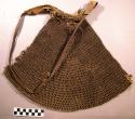 Bag, fiber cord mesh, leather strap, straw tied at one corner. mended