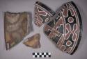 Earthenware bowl sherds with cord-impressed and polychrome designs on exterior and polychrome designs on interior
