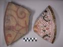Earthenware bowl sherds with cord-impressed and polychrome designs on interior and polychrome designs on interior