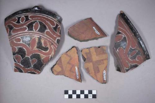 Earthenware bowl sherds with cord-impressed and polychrome designs on exterior and polychrome designs on interior
