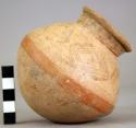 Pottery jar, yellow, red band and blcak ornamentation