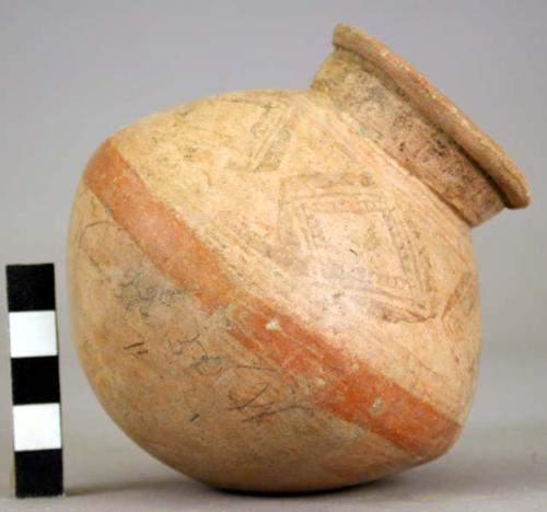 Pottery jar, yellow, red band and blcak ornamentation