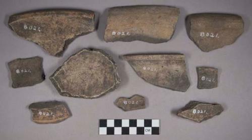 Earthenware rim, base, and body sherds, some with carved and incised designs