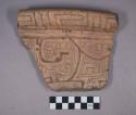 Earthenware rim and body sherd with incised and polychrome designs on body and carved designs on rim