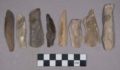 Flint blades, some with cortex, some with bulb of percussion