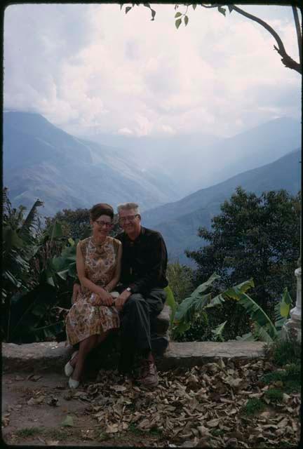 Ray Warburton's parents in Coroico, with mountains in background