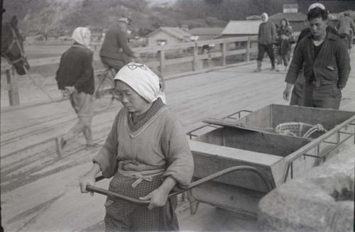 Woman pulling cart over bridge