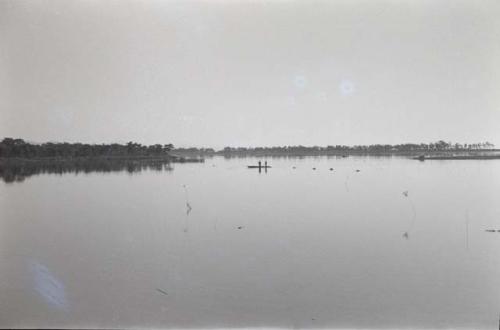 Two people standing on boat