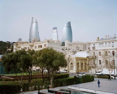 "The Flame Towers, completed in 2013, are the tallest buildings in Baku. Their surface is covered with LED screens that, when illuminated, give the impression of flickering flames. Baku, Azerbaijan, 2015"