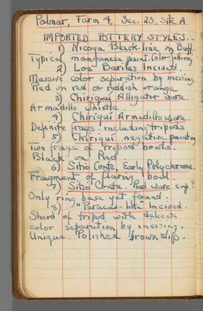 Field notebook, S.K. Lothrop notes from  Costa Rica, page 36