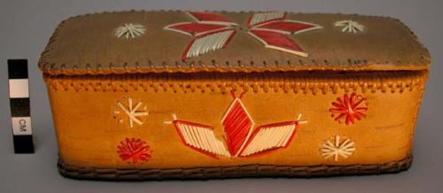 Oblong bark box decorated with porcupine quill