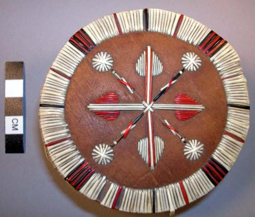 Round bark box decorated with porcupine quill decoration