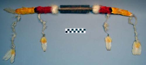 Comb, double-sided, basketry center, feather projections at ends w/ pendants