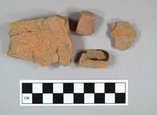 Ceramic, earthenware, redware, brown lead glazed, body sherds; Brick, architectural fragments; Ceramic, earthenware, roof tile, fragments