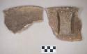Ceramic, earthenware rim and handle sherds, notched rim, undecorated body, shell-tempered; two sherds crossmend
