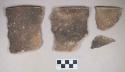 Ceramic, earthenware rim and body sherds, undecorated, shell-tempered; two sherds crossmend
