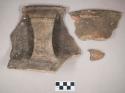Ceramic, earthenware rim and handle sherds, notched incised rim, one with molded rim, one with molded notched ridge on handle, undecorated body, shell-tempered