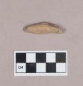 Ceramic, earthenware object sherd, roughly cylindrical, one end tapered, perforated