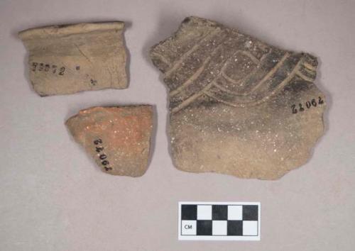 Ceramic, earthenware rim sherd, flared rim, incised body, shell-tempered; earthenware rim sherd, punctate rim, molded possible lug at rim, undecorated body, shell-tempered; earthenware body sherd, incised and cord-impressed, possible Ramie design, shell-tempered