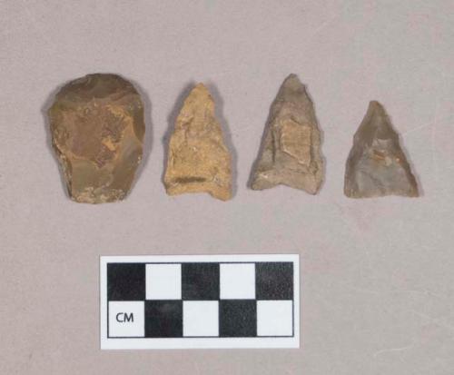 Chipped stone, scraper; chipped stone, projectile points, triangular